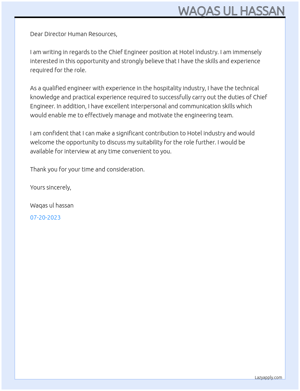 Chief engineer At Hotel industry Cover Letter