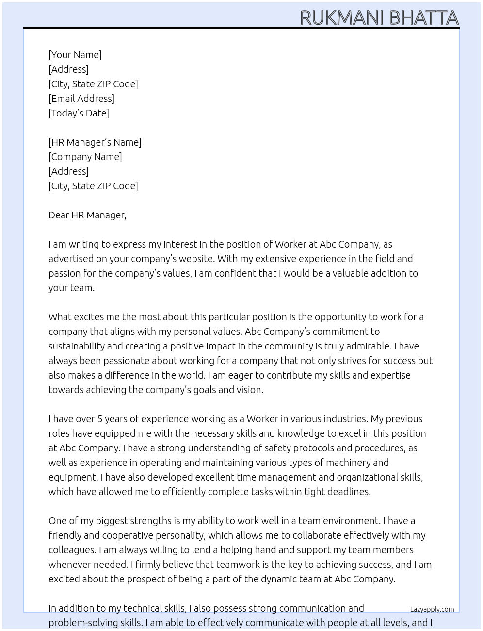 Worker At Abc Company Cover Letter