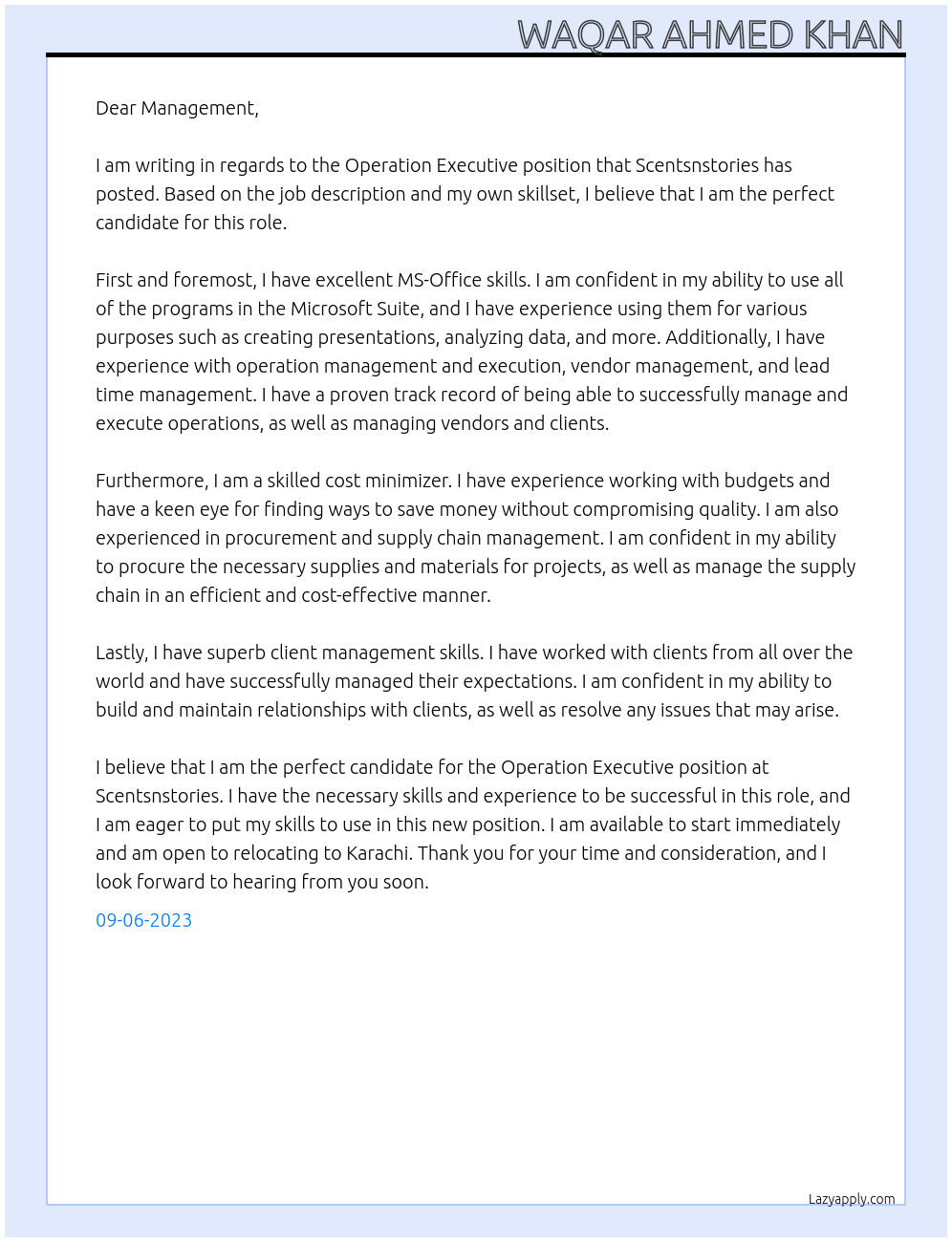 Operation Executive  At Scentsnstories Cover Letter