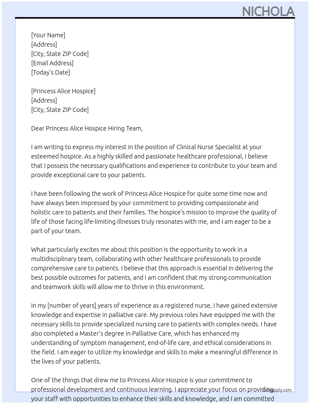 Clinical nurse specialist At Hospice Cover Letter