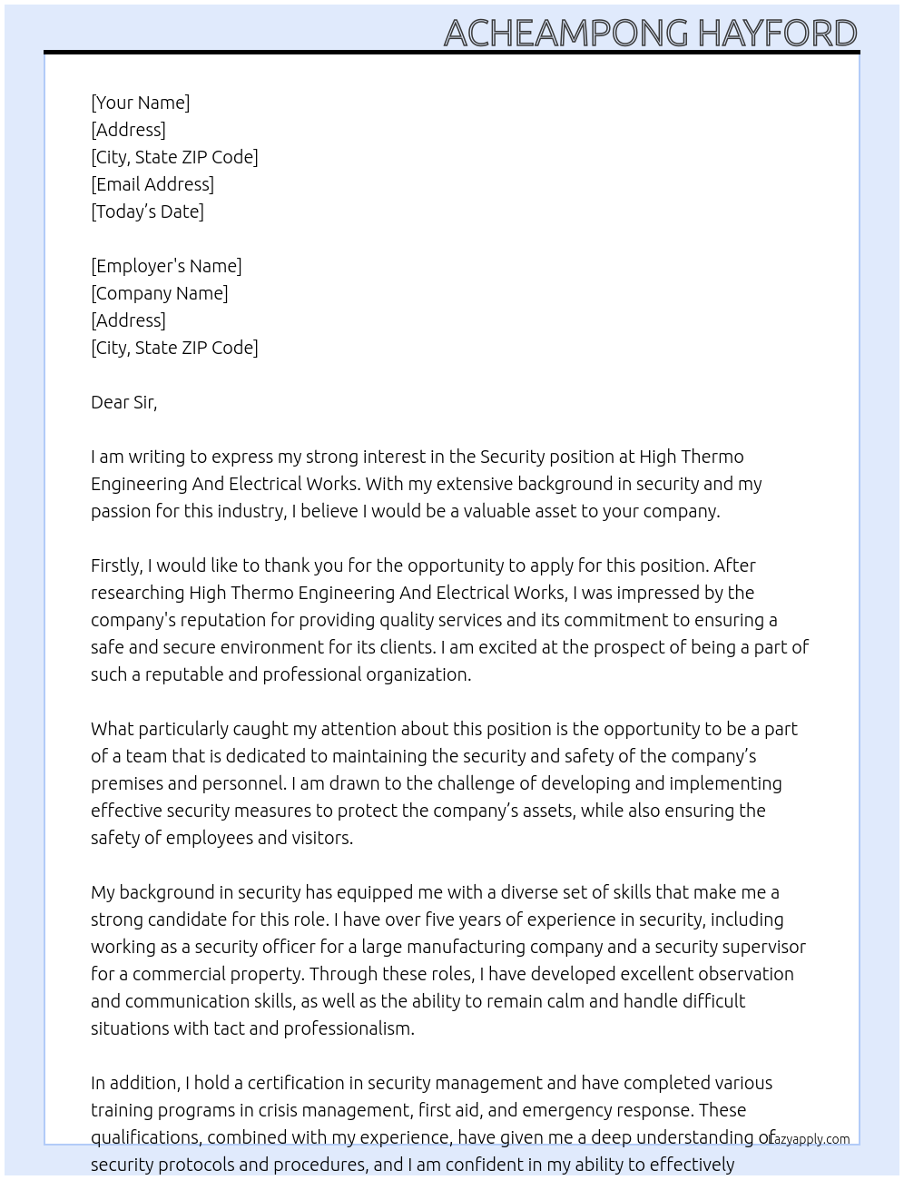 Security  At High Thermo Engineering And Electrical Works Cover Letter