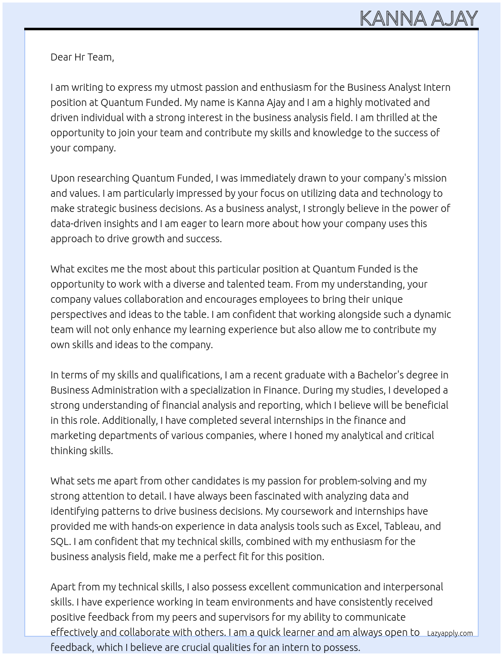 Business Analyst Intern At Quantum Funded Cover Letter