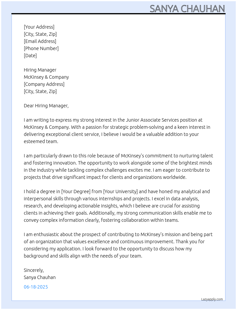 Junior AssociateServices At Mckinsey Cover Letter