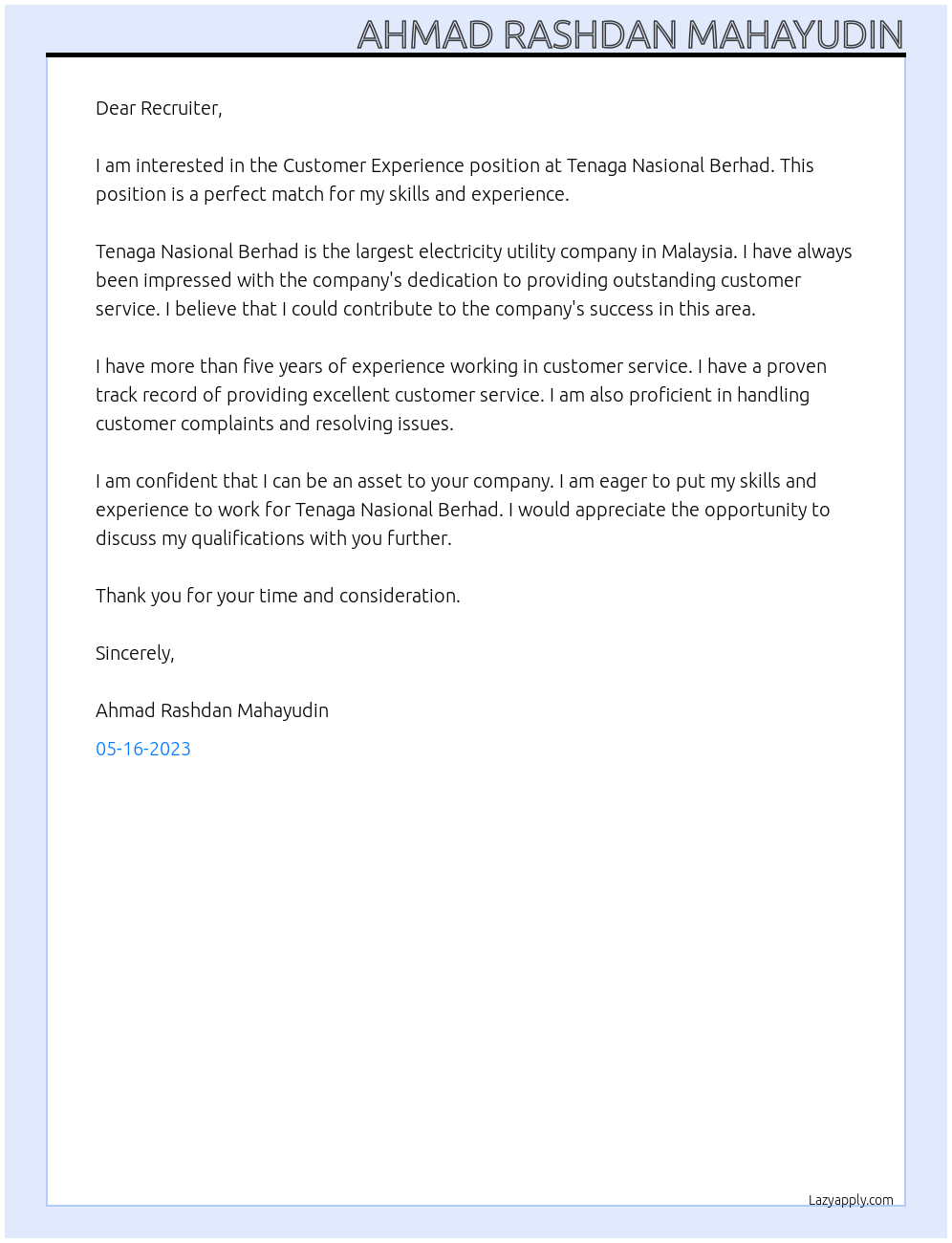 Customer Experience At Tenaga Nasional Berhad Cover Letter