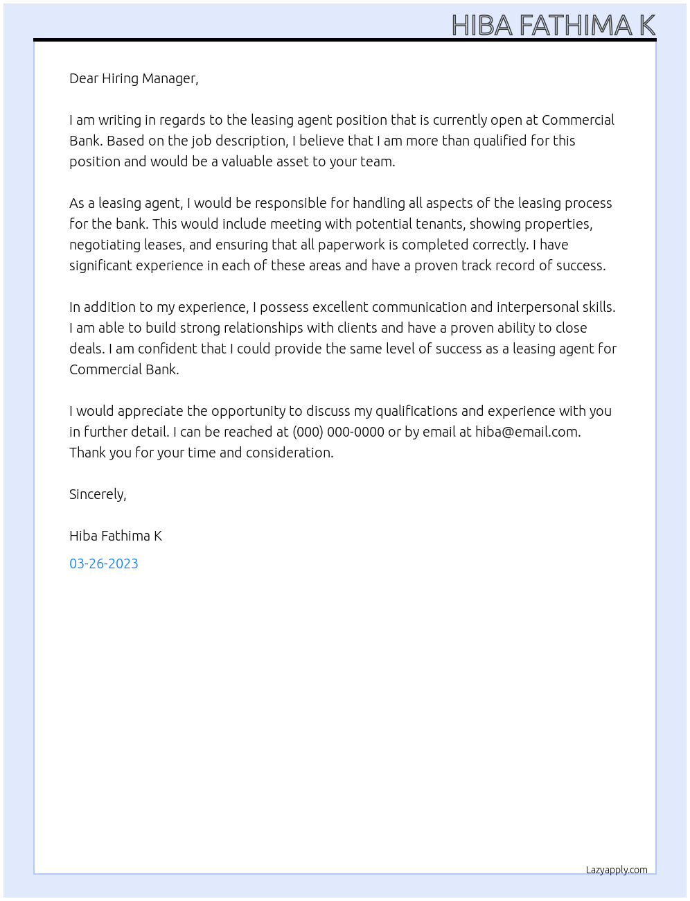 Leasing Agent At Commercial Bank Cover Letter