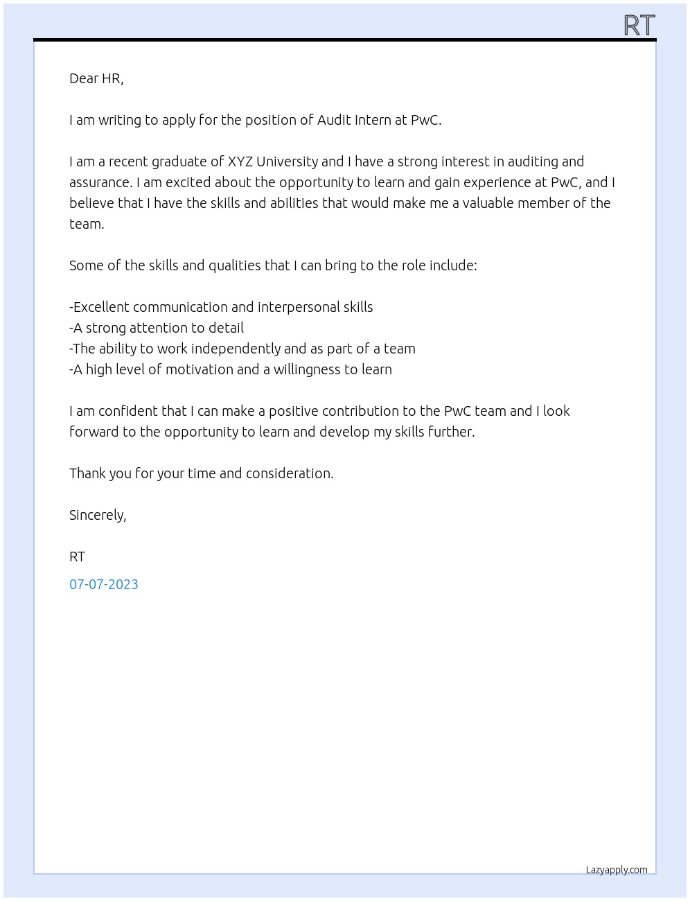 Audit Intern At PwC Cover Letter