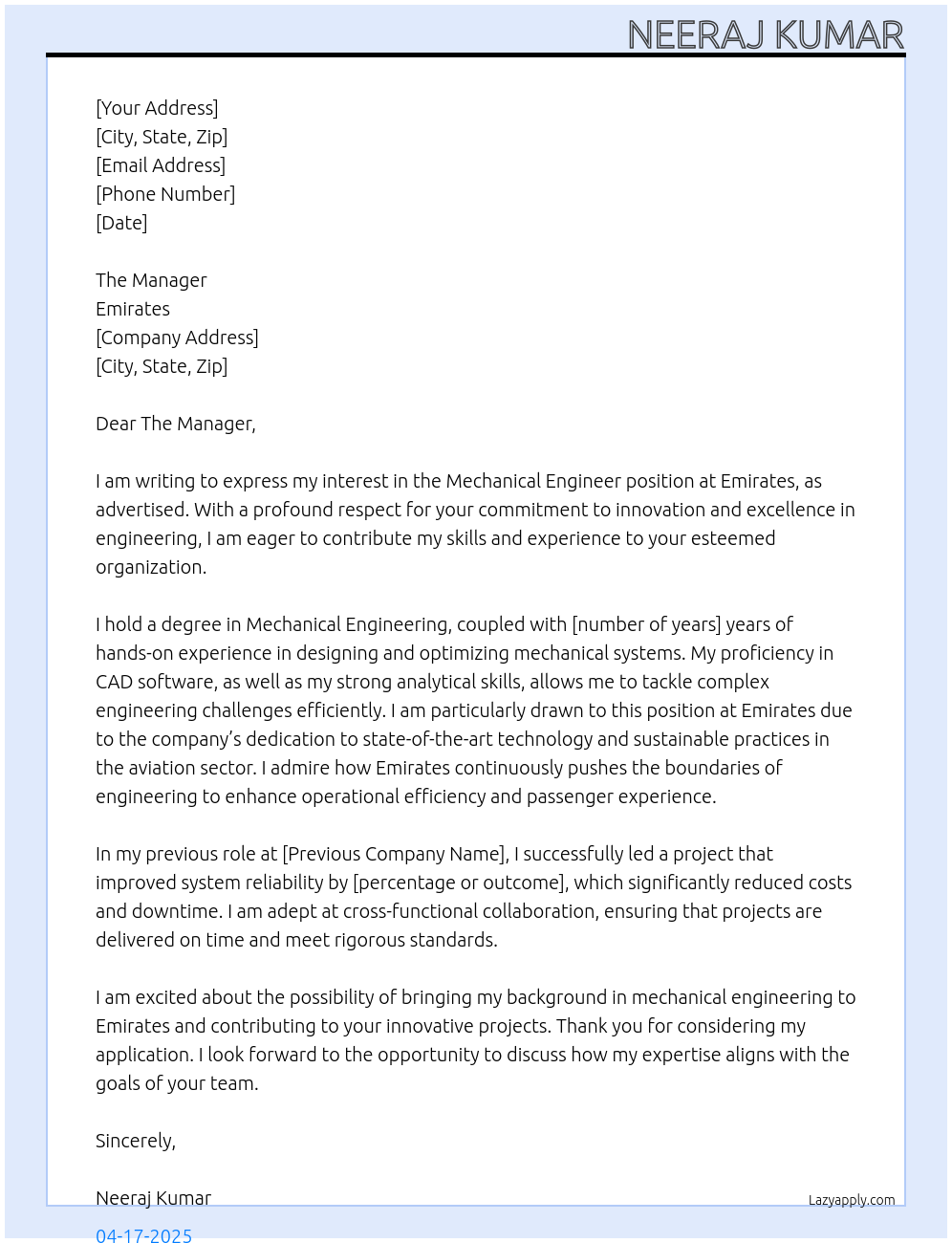 Mechanical Engineer At Emirates Cover Letter