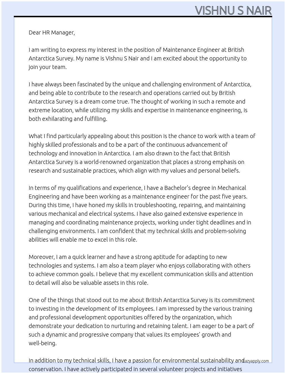 maintenance engineer At British Antartica Survey Cover Letter