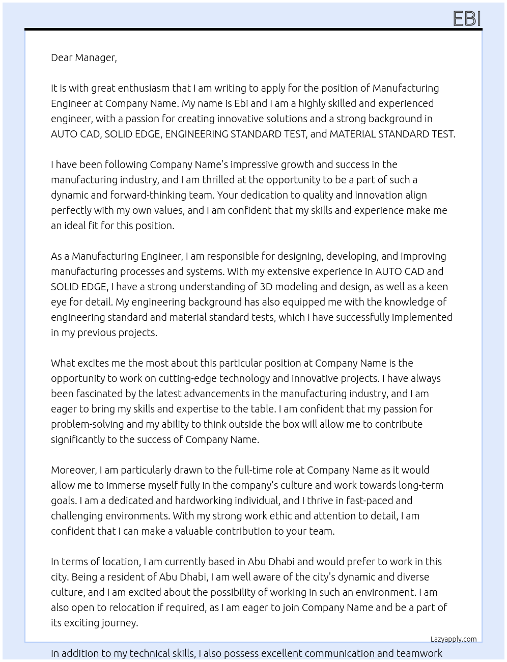 Manufacturing Engineer At Company name Cover Letter