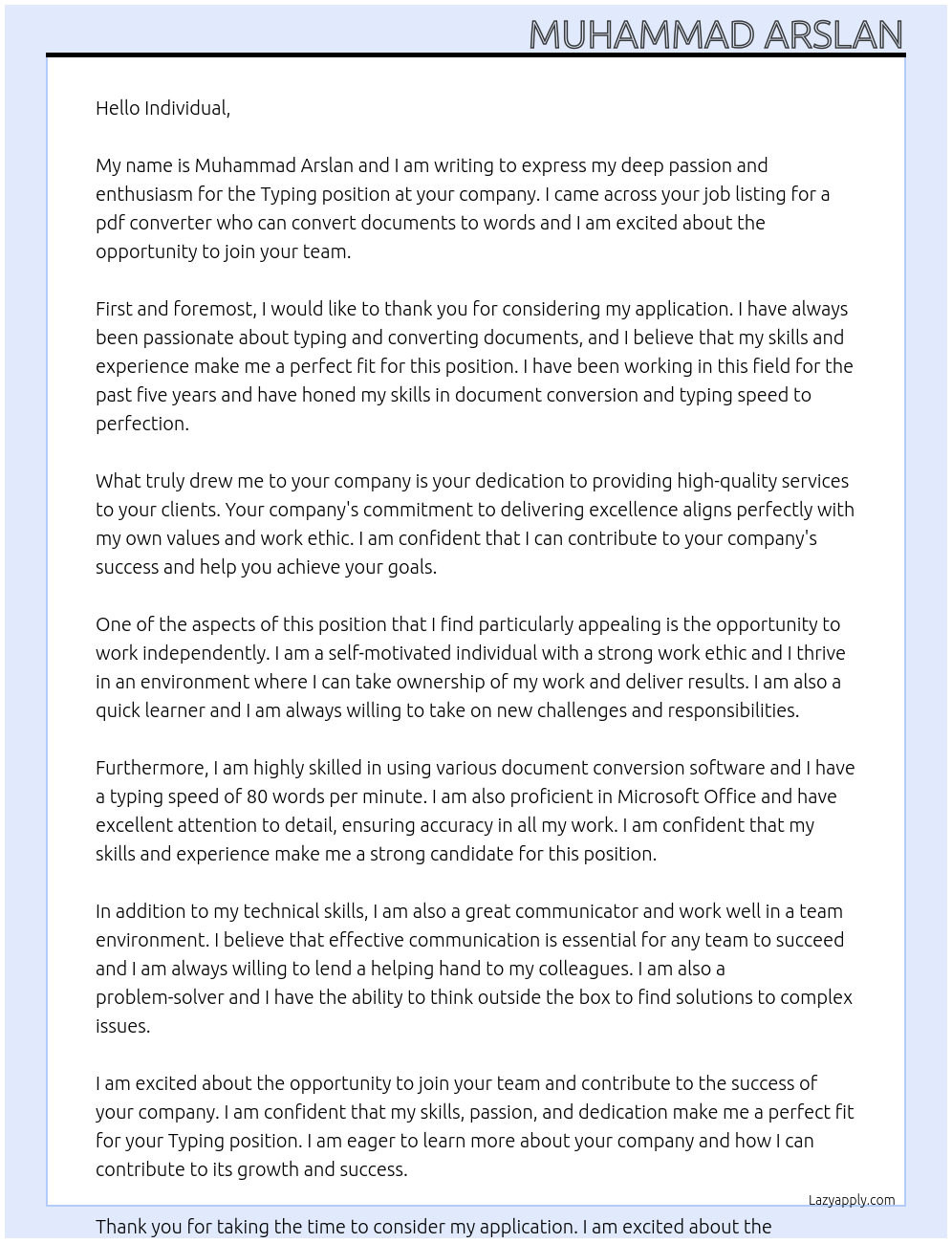 Typing At individual Cover Letter