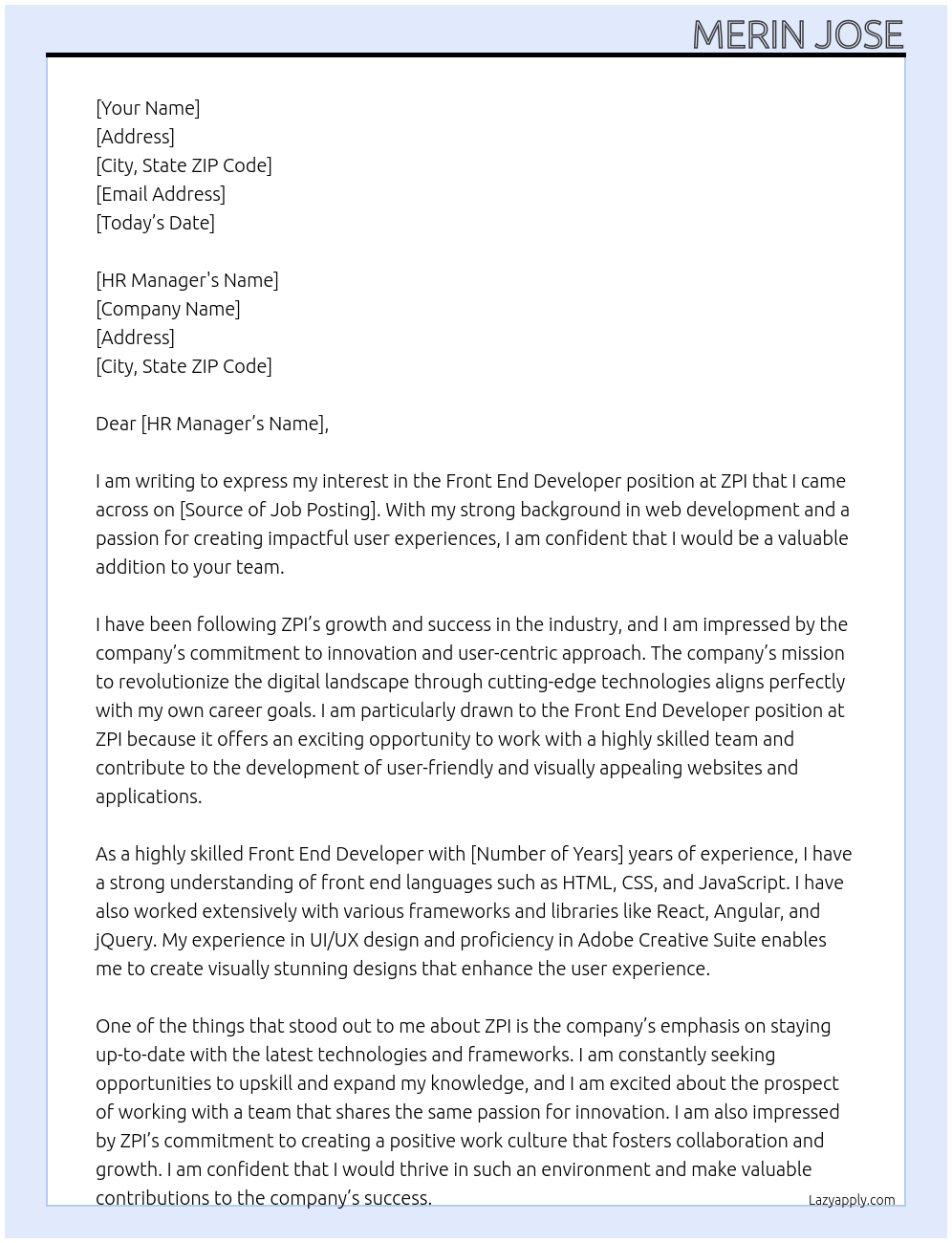 Front End Developer At ZPI Cover Letter