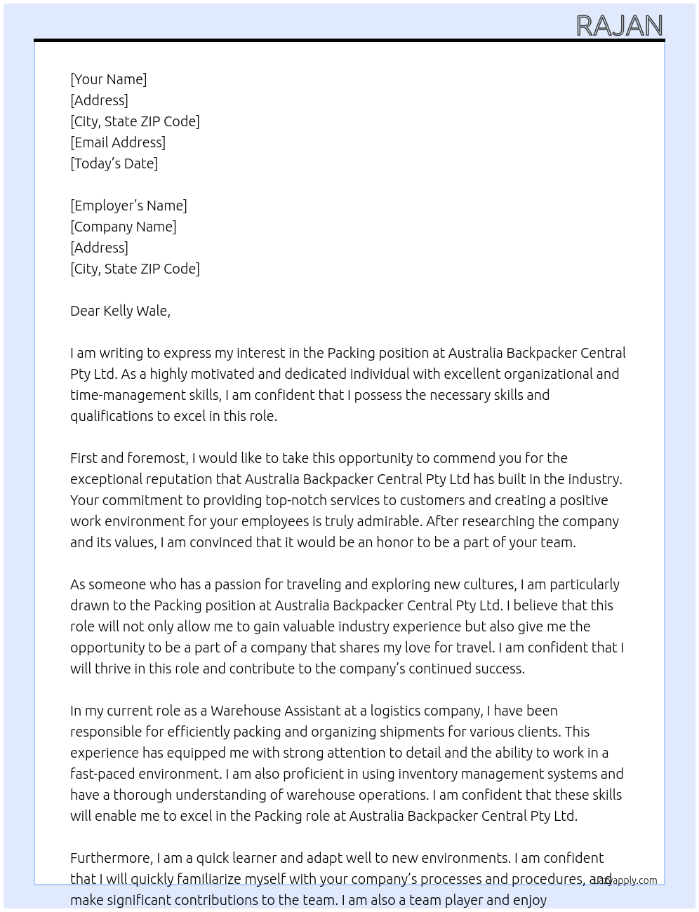 Packing At Australia backpacker central Pty Ltd Cover Letter