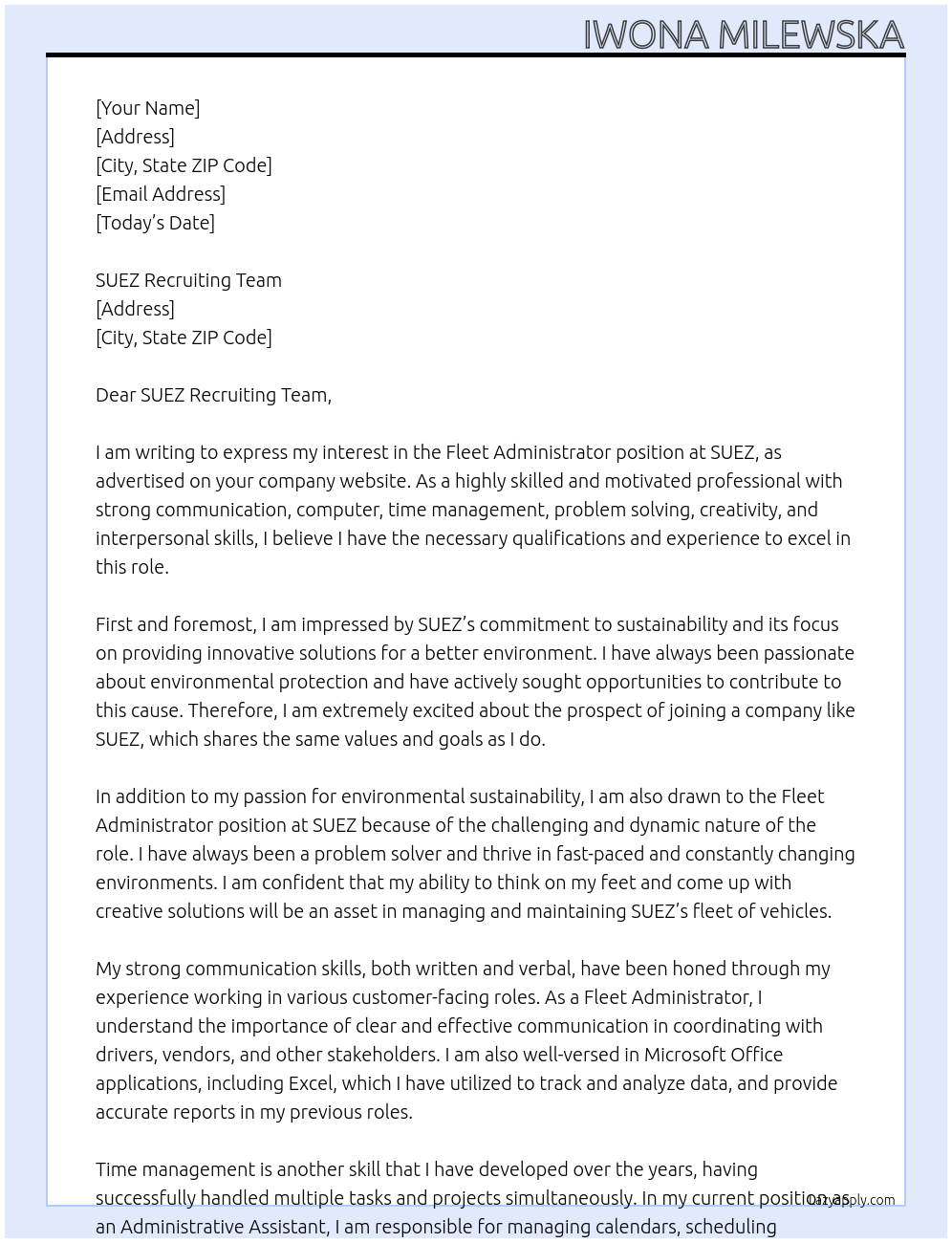 Fleet Administrator At SUEZ Cover Letter