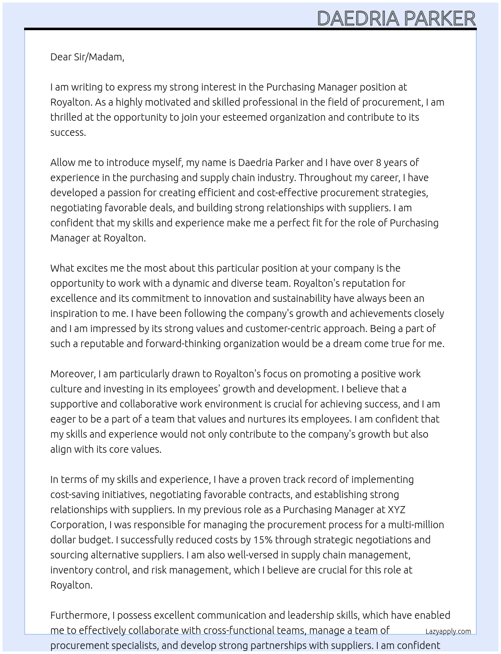 Purchasing Manager At Royalton Cover Letter