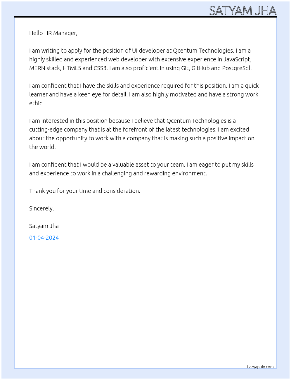UI developer At Qcentum Technologies Cover Letter