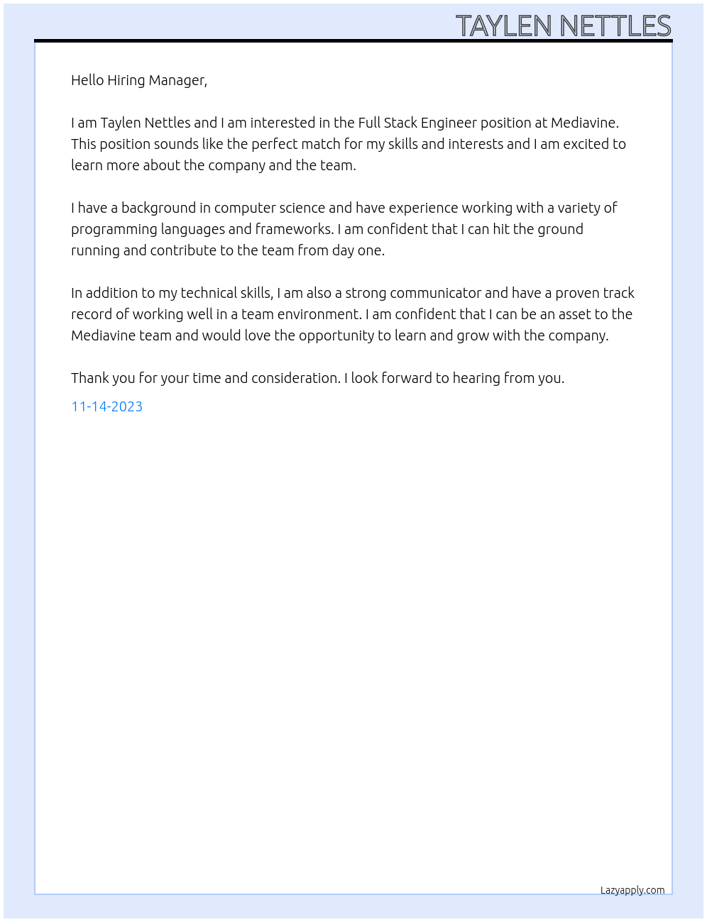 Full Stack Engineer At Mediavine Cover Letter