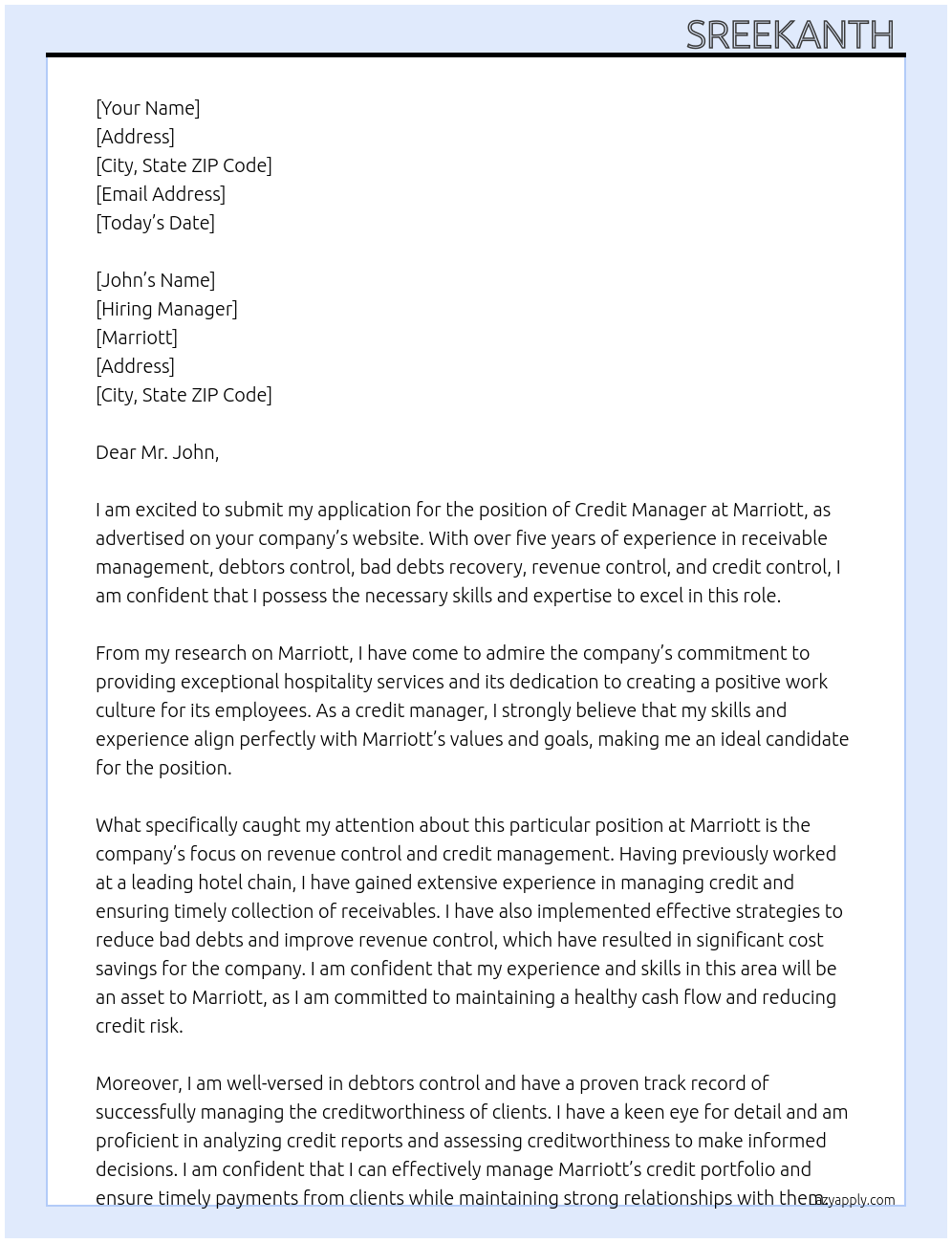 Credit Manager At Marriott Cover Letter