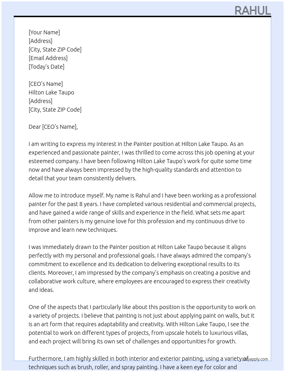 Painter At Hilton Lake Taupo Cover Letter