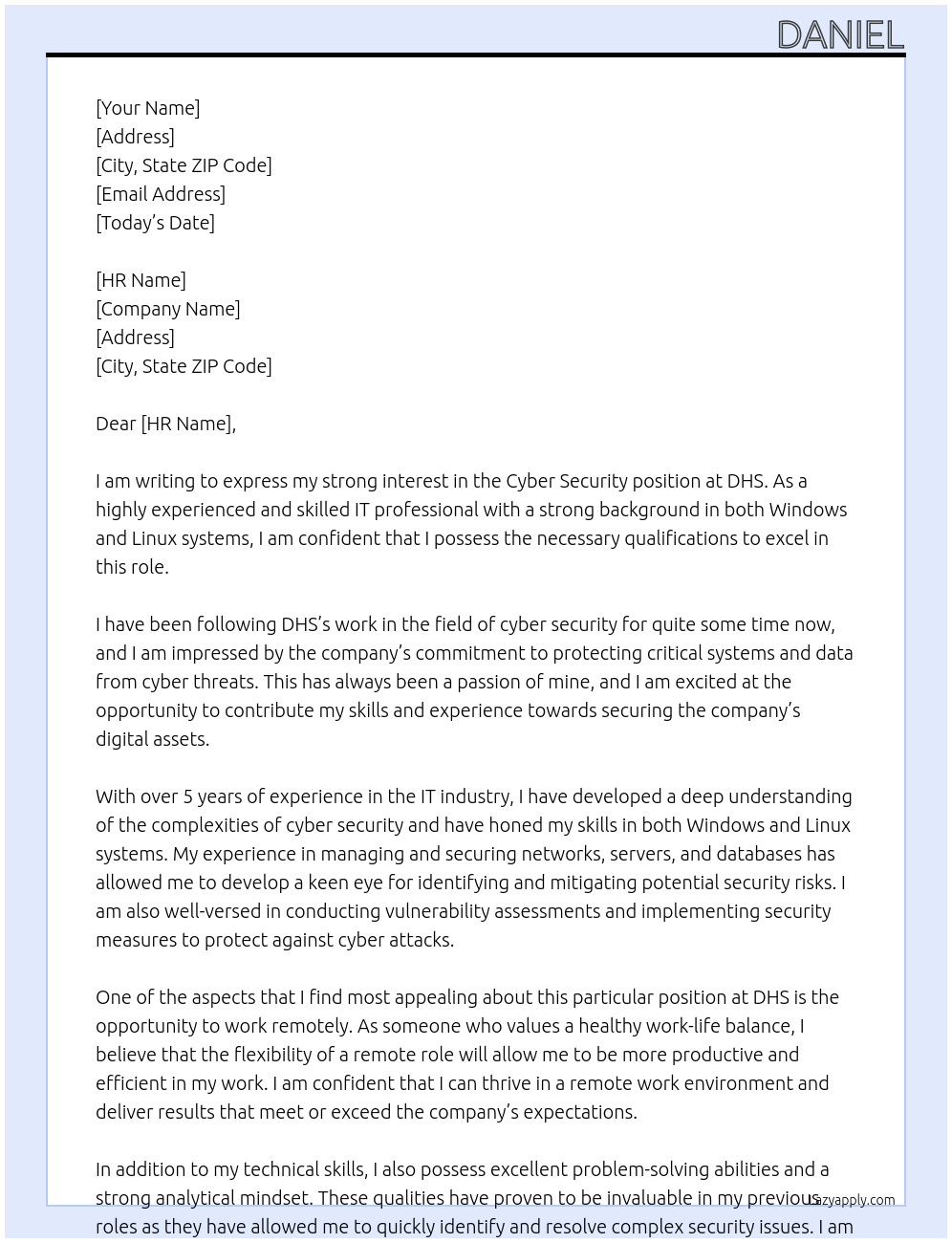 Cyber Security At DHS Cover Letter