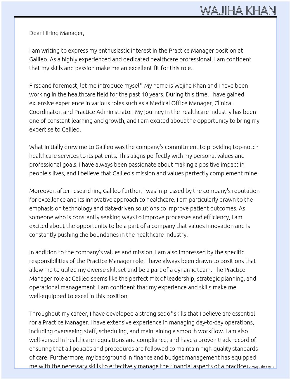 Practice Manager At Galileo Cover Letter