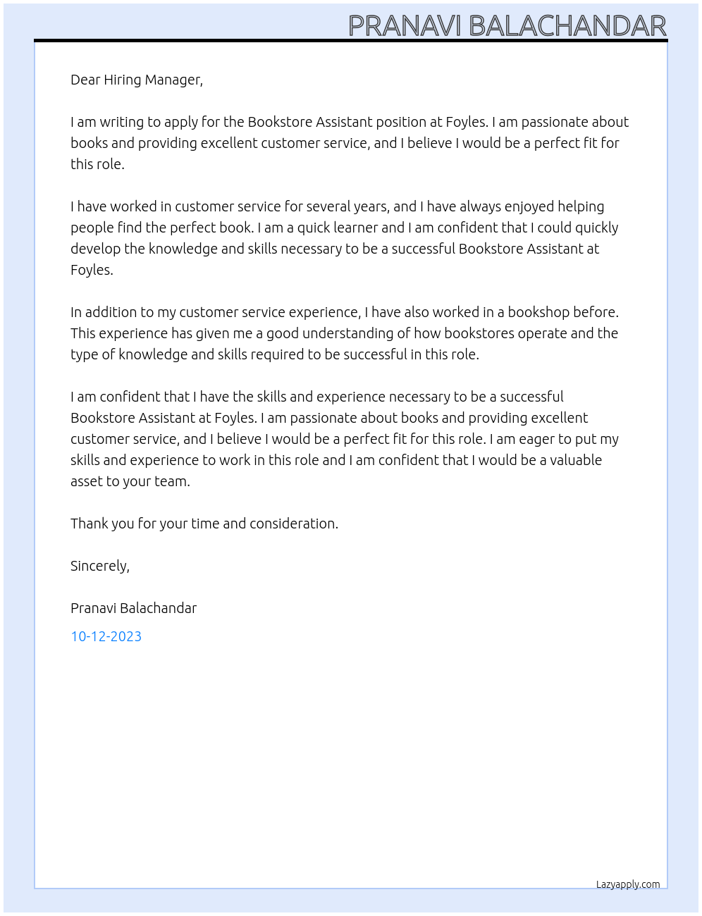 Bookstore Assistant At foyles Cover Letter