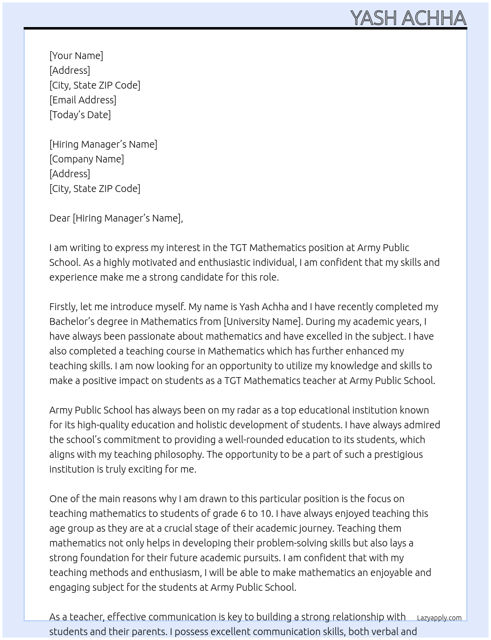 TGT Mathematics  At Army Public School  Cover Letter