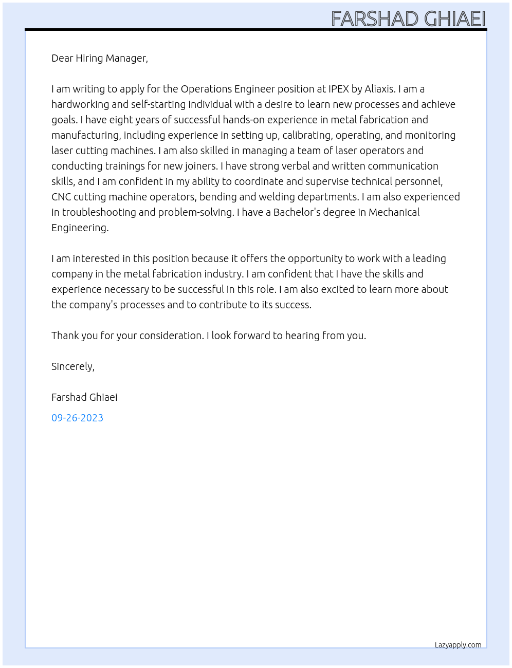 Operations Engineer At IPEX by Aliaxis Cover Letter