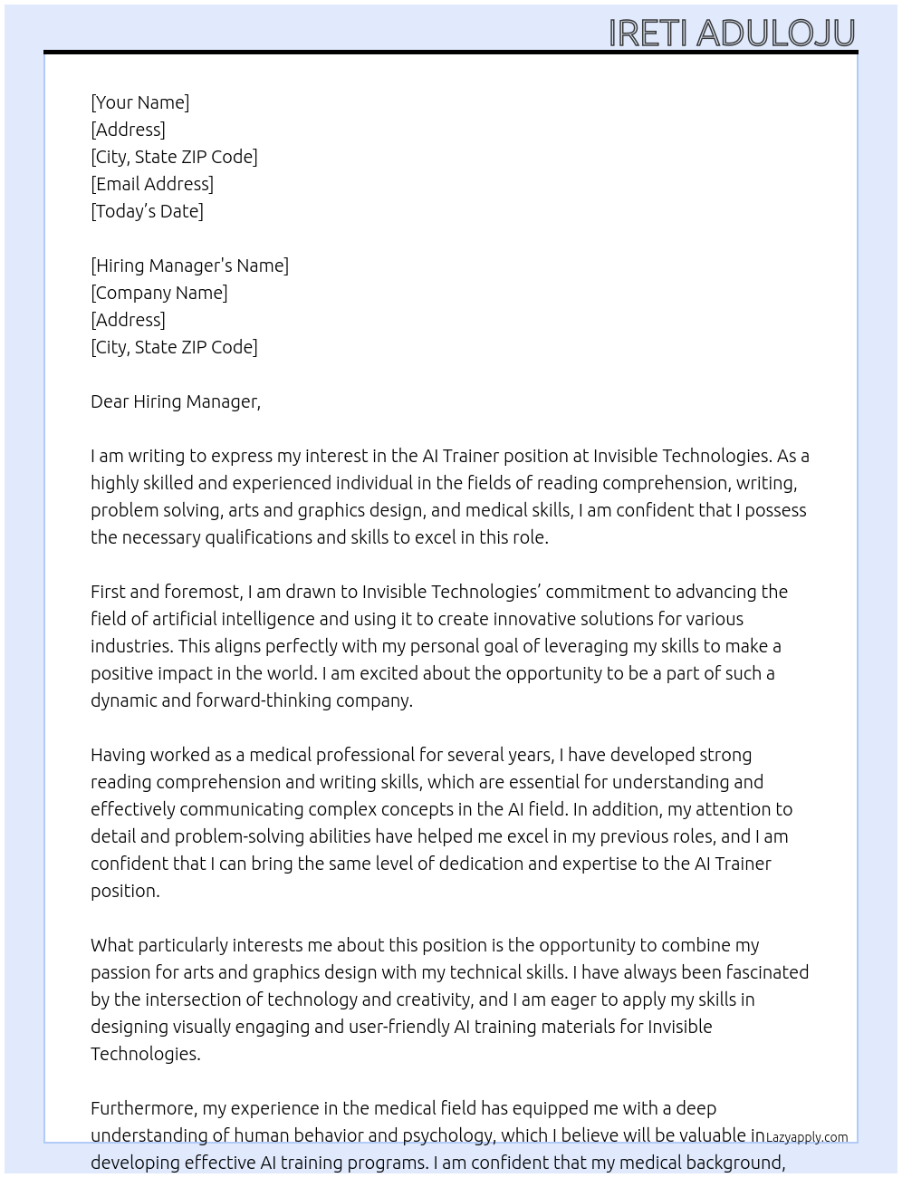 AI trainer At Invisible technologies Cover Letter