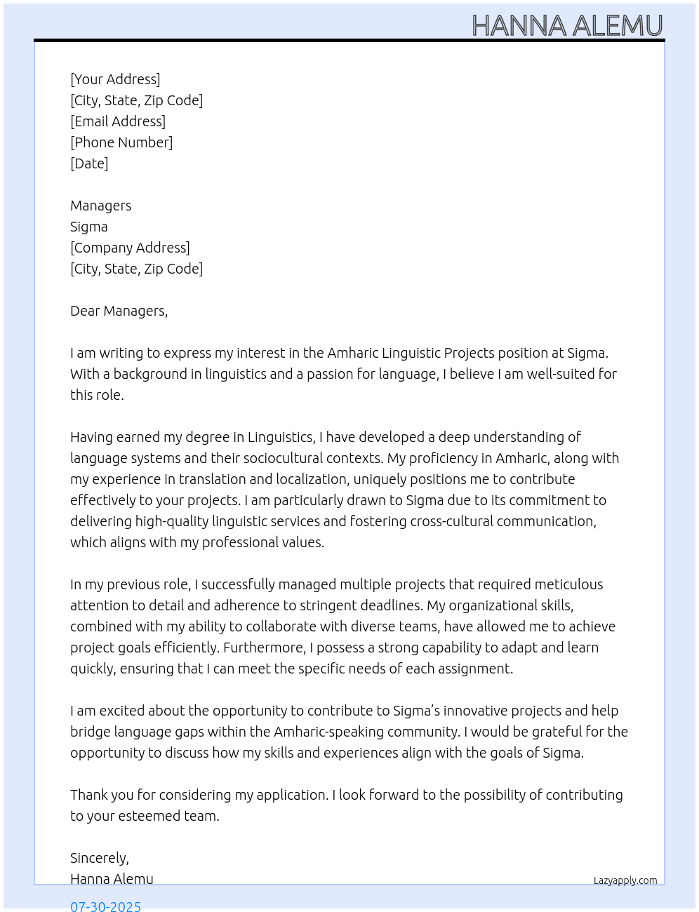 Amharic lingustic projects At Sigma Cover Letter