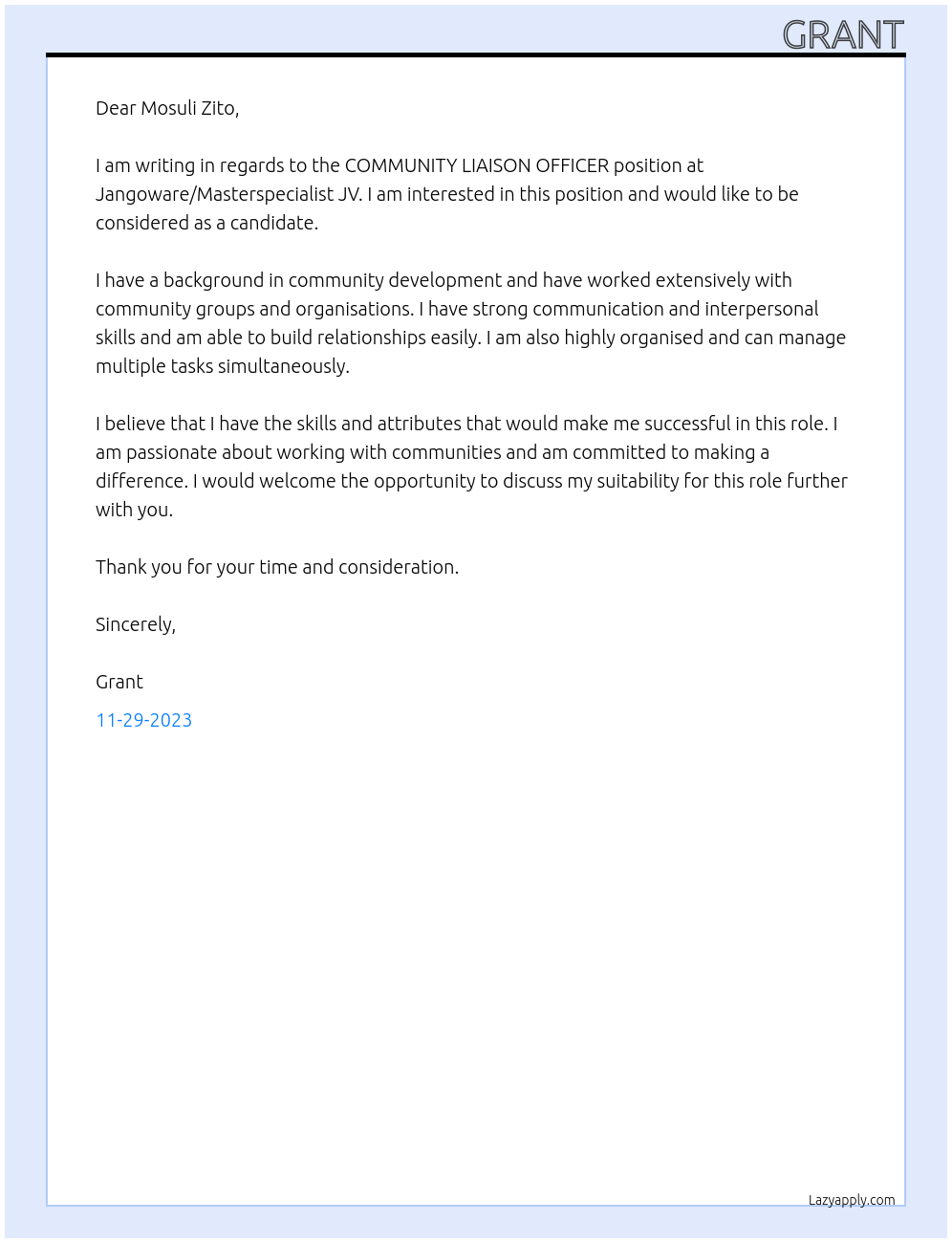 COMMUNITY LIAISON OFFICER At Jangoware/Masterspecialist JV Cover Letter