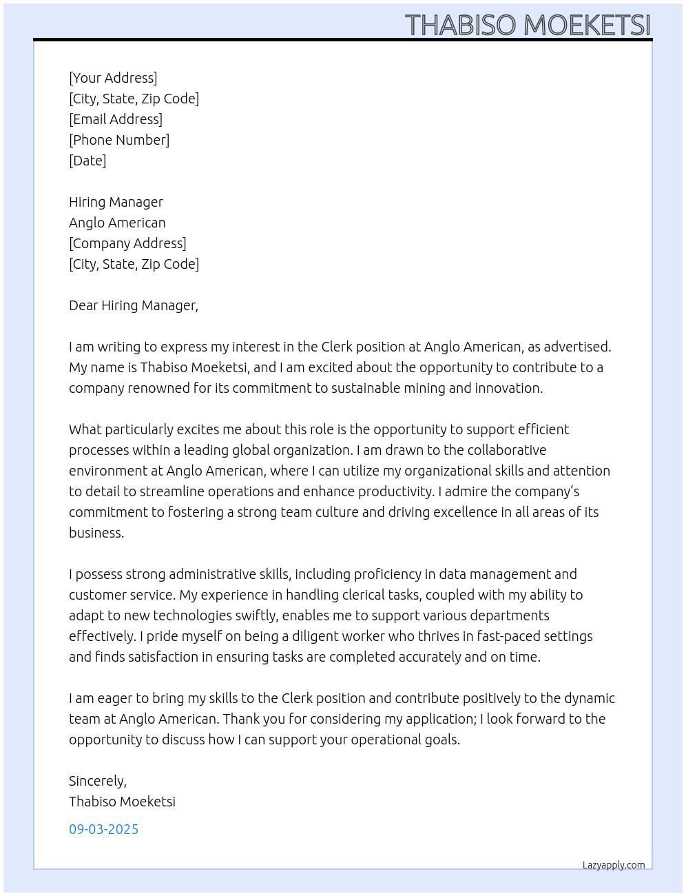 clerk At anglo american Cover Letter