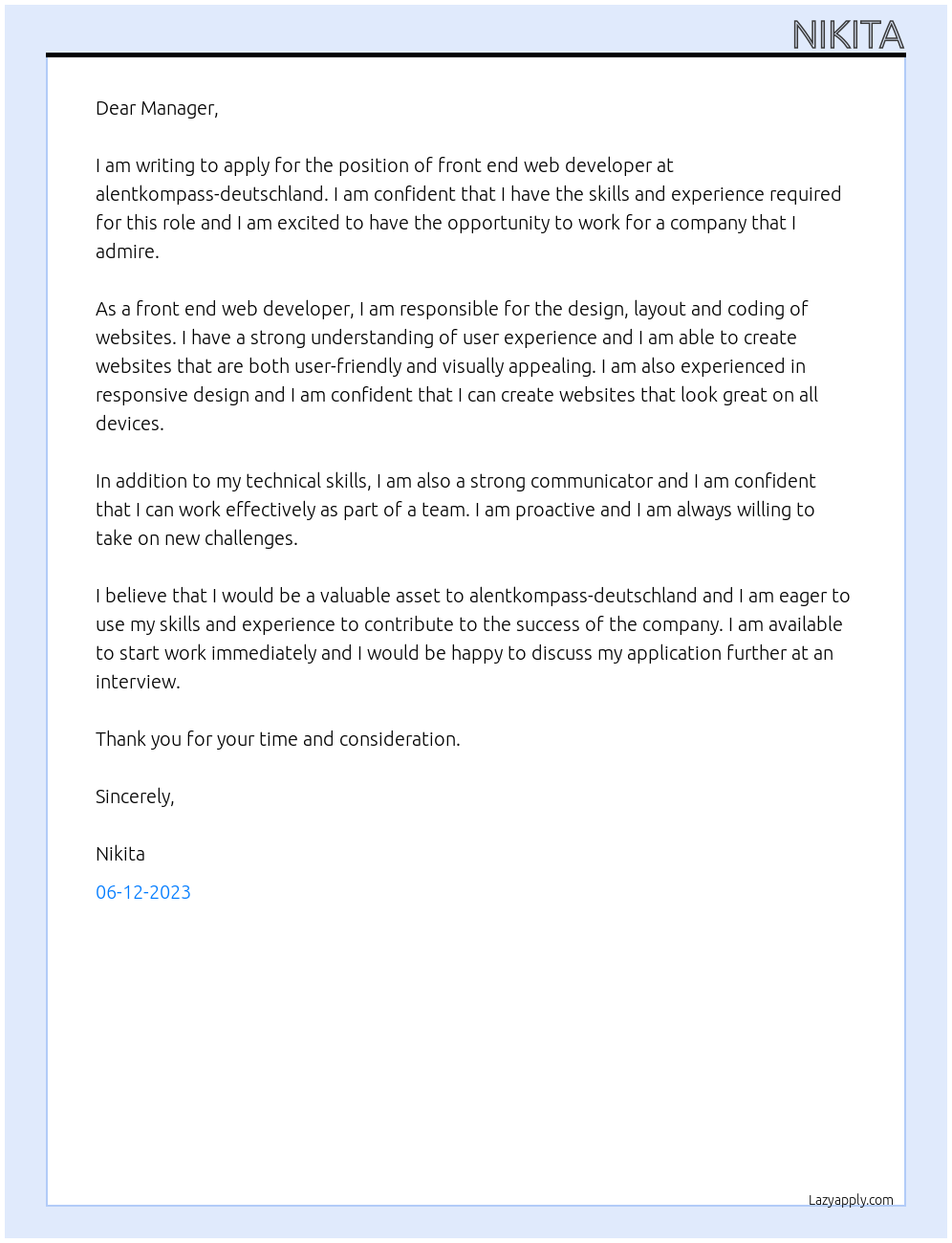 front end web developer At alentkompass-deutschland Cover Letter