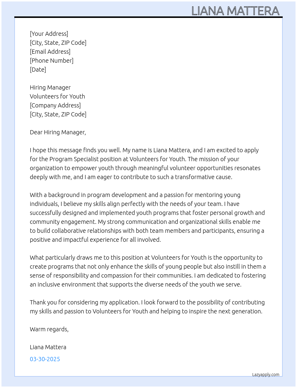 Cover letter for program specialist - LazyApply