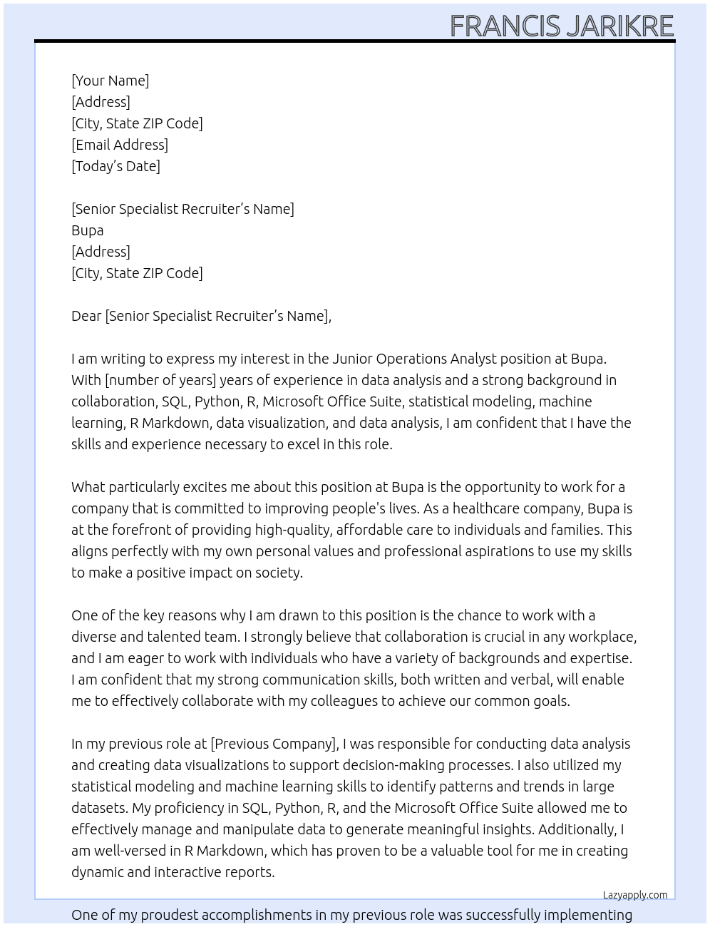 Junior operations analyst At Bupa  Cover Letter