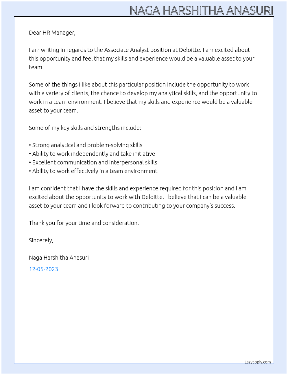 Associate Analyst At DELOITTE Cover Letter