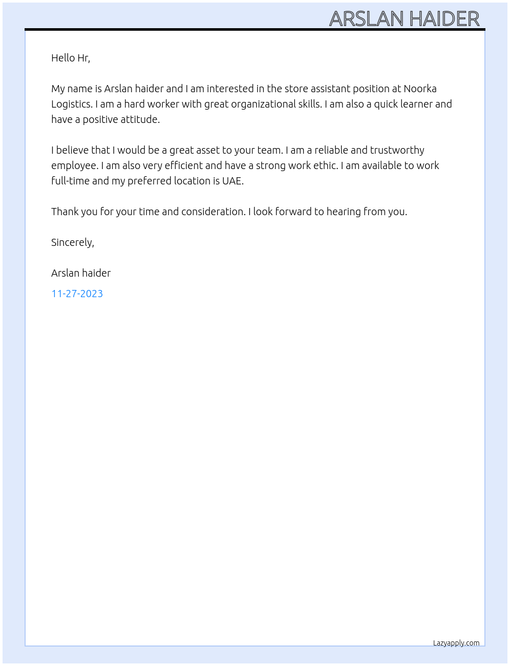 Store assistant At Noorka Logistics Cover Letter