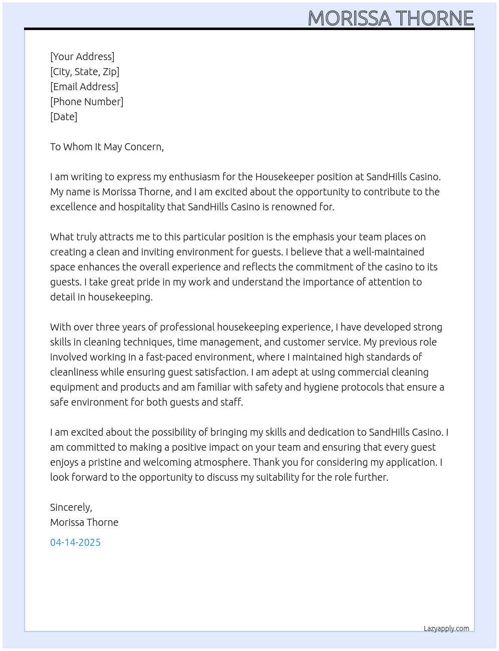 Housekeeper At SandHills Casino Cover Letter
