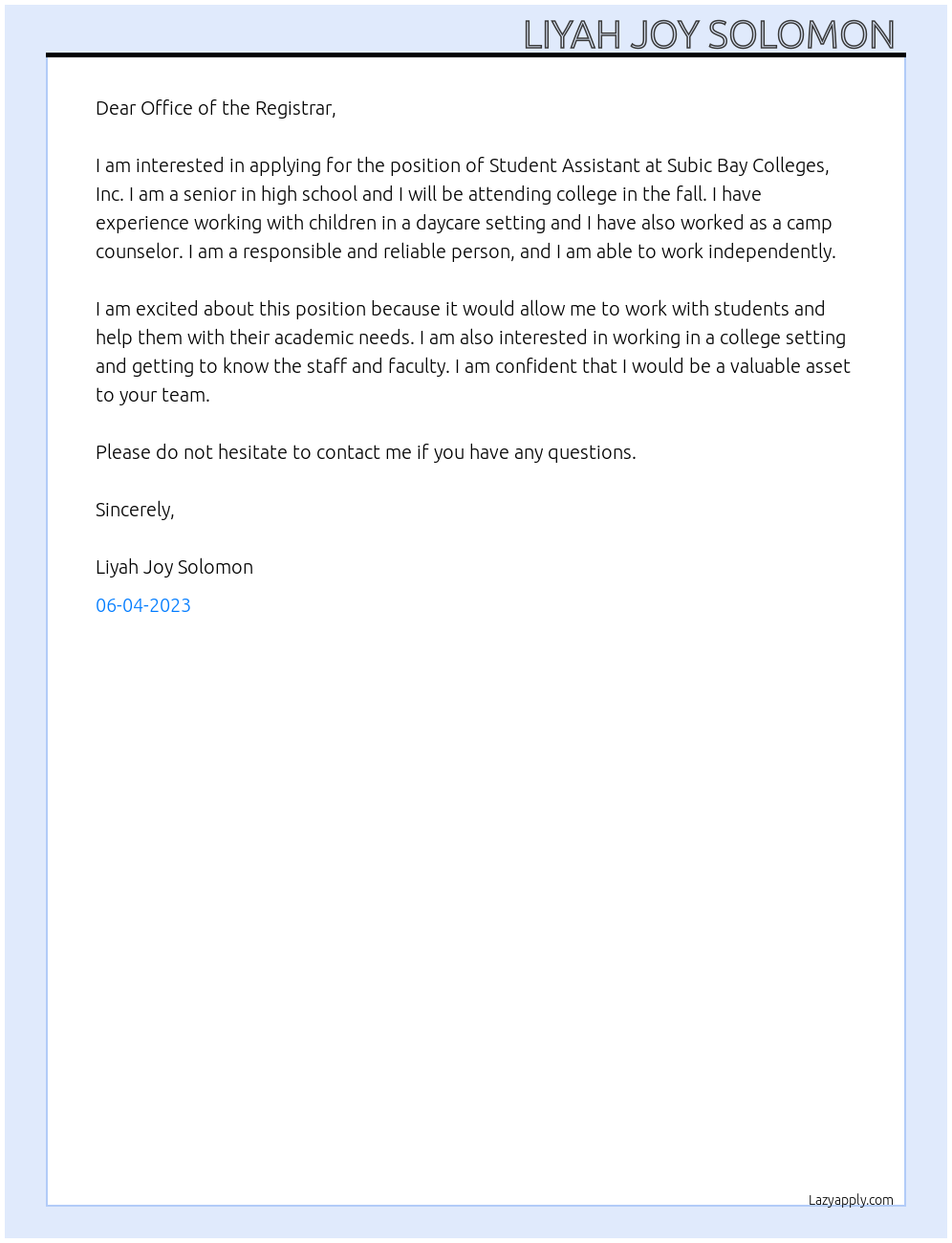 Student Assistant At Subic Bay Colleges, Inc Office of the Registrar Cover Letter