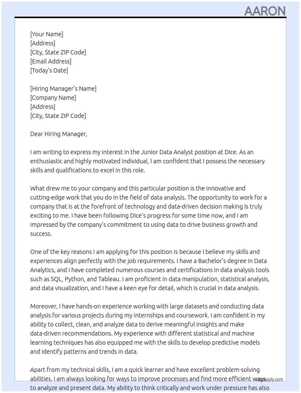 Junior Data Analyst At Dice Cover Letter