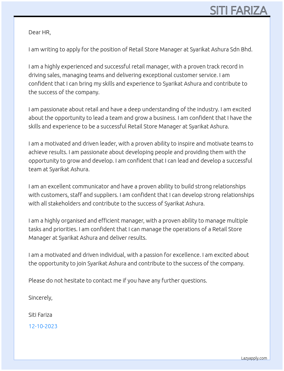 Retail store manager At Syarikat Ashura Sdn Bhd Cover Letter