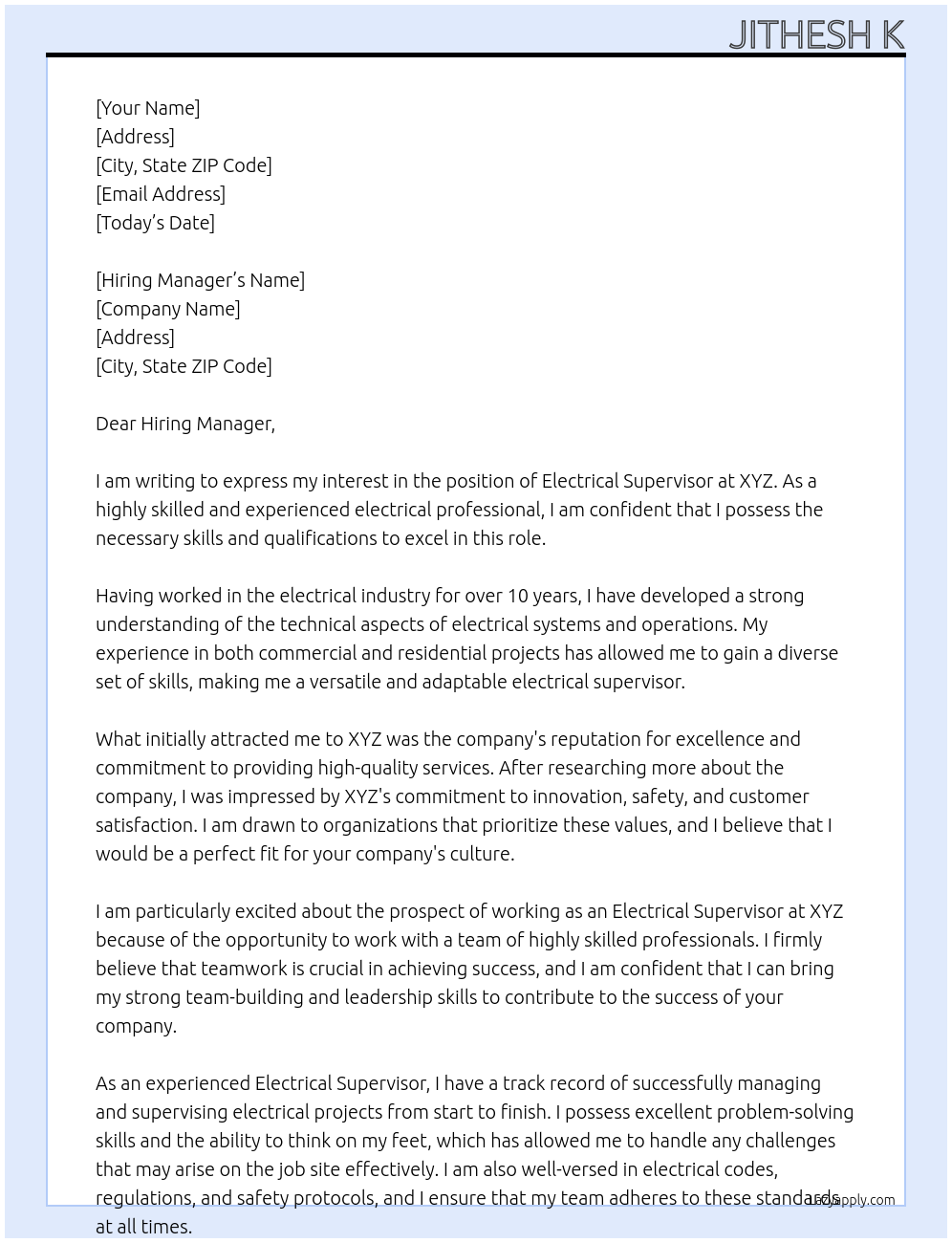Electrical Supervisor At XYZ Cover Letter