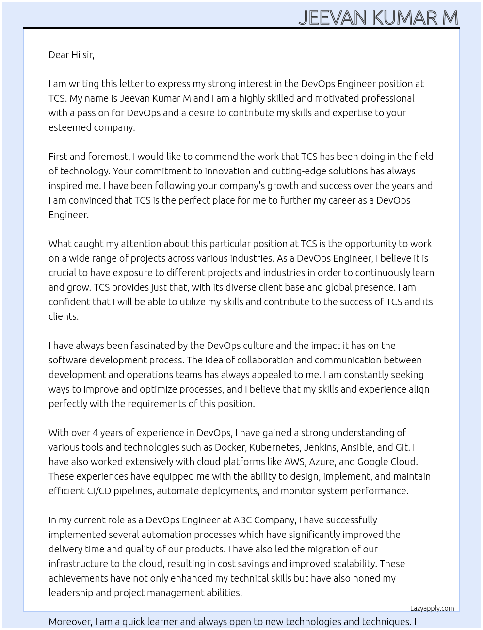 DevOps Engineer At TCS Cover Letter
