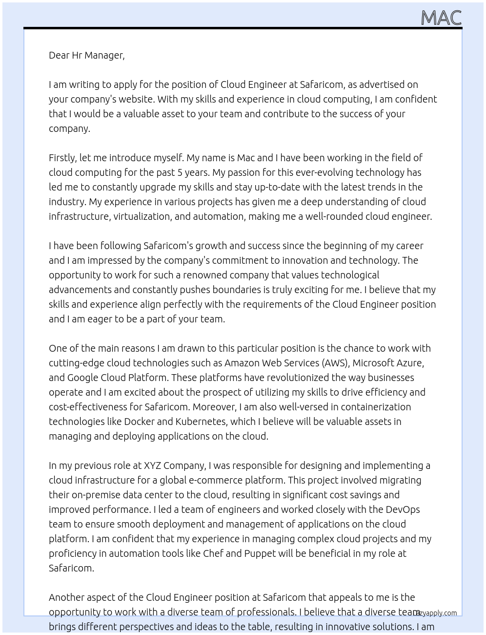 cloud engineer At safaricom Cover Letter