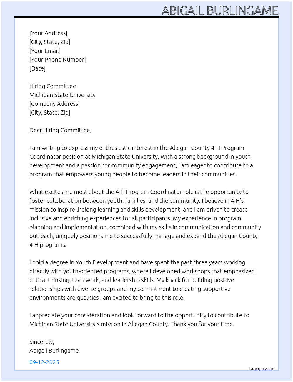Cover letter for allegan county 4-h program coordinator - LazyApply