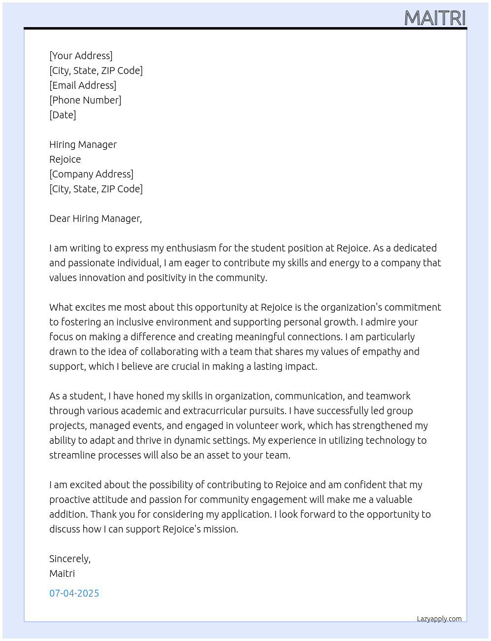 student At rejoice Cover Letter