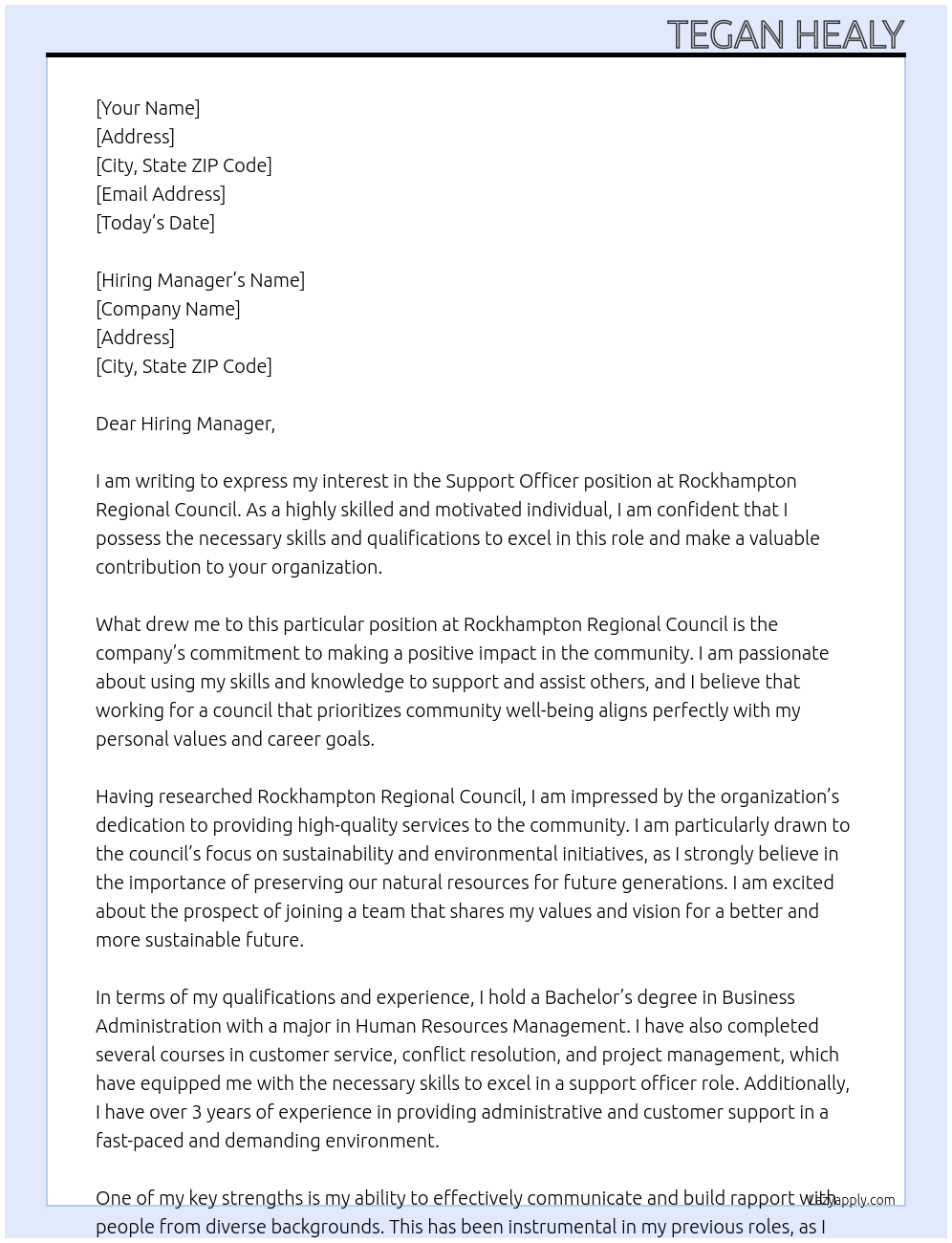 Support Officer At Rockhampton Regional Council  Cover Letter