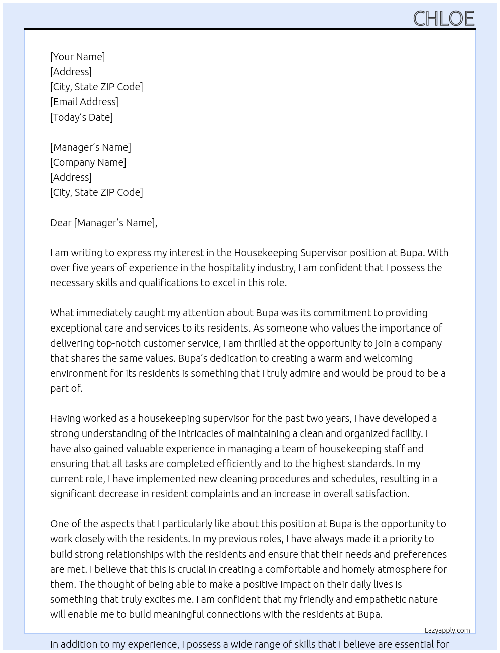 Housekeeping Supervisor At Bupa Cover Letter