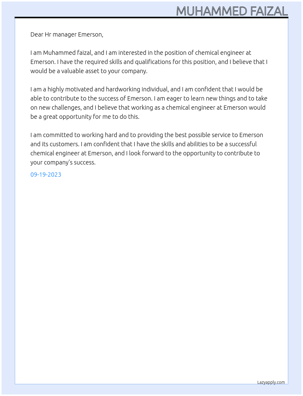 Chemical engineer At Emerson Cover Letter