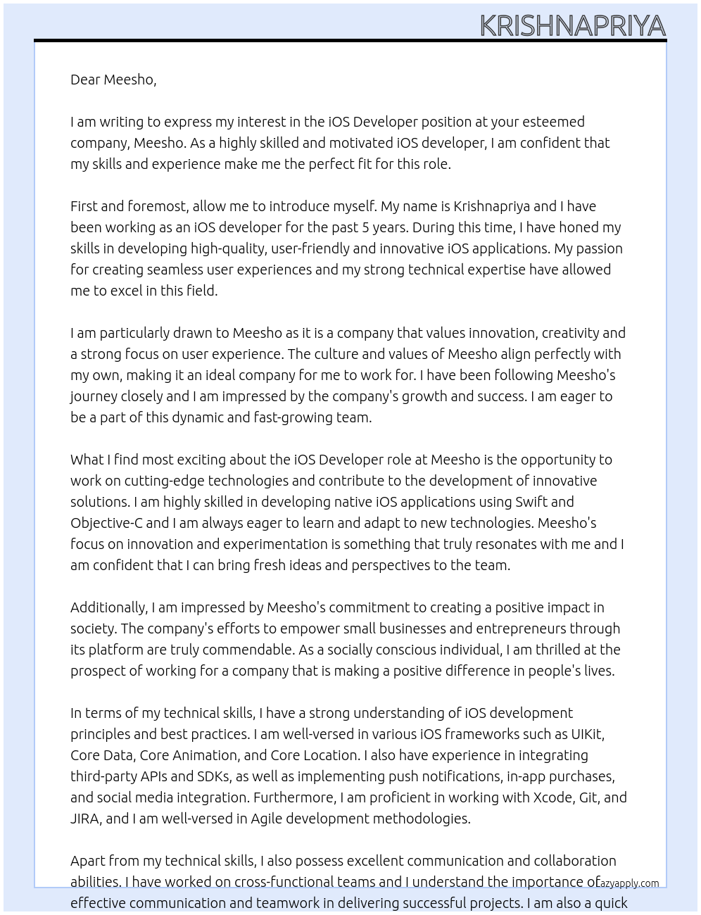 iOS Developer At Meesho Cover Letter