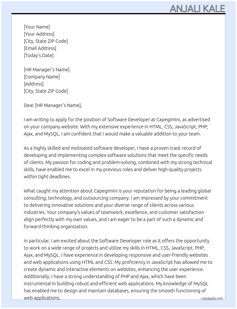 Software Developer At Capegimini  Cover Letter